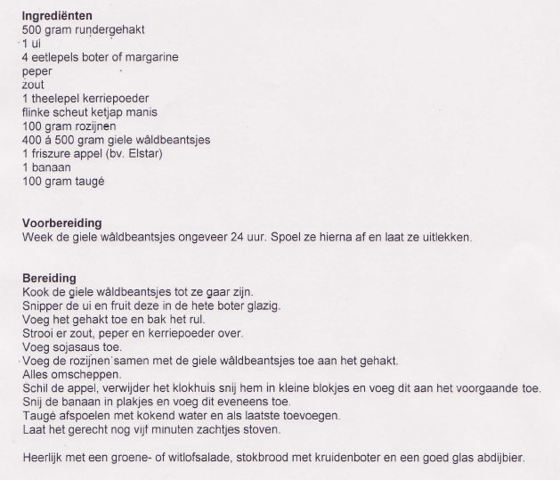 Giele Wâldbeantsjes met gehakt en taugé